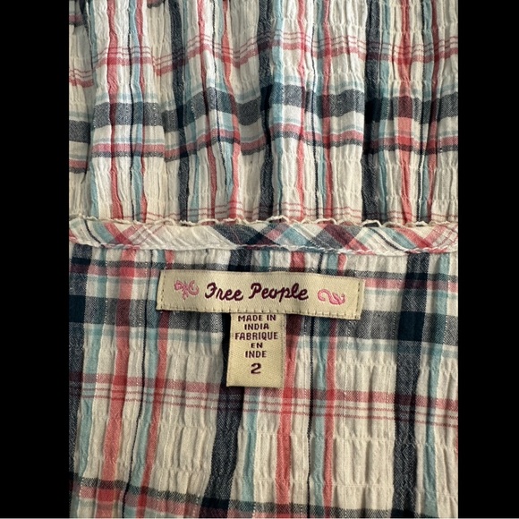 FREE PEOPLE Plaid Crinkle Top Blouse Shirt Ruched Waist Buttons Ivory Pink Blue - Picture 6 of 9